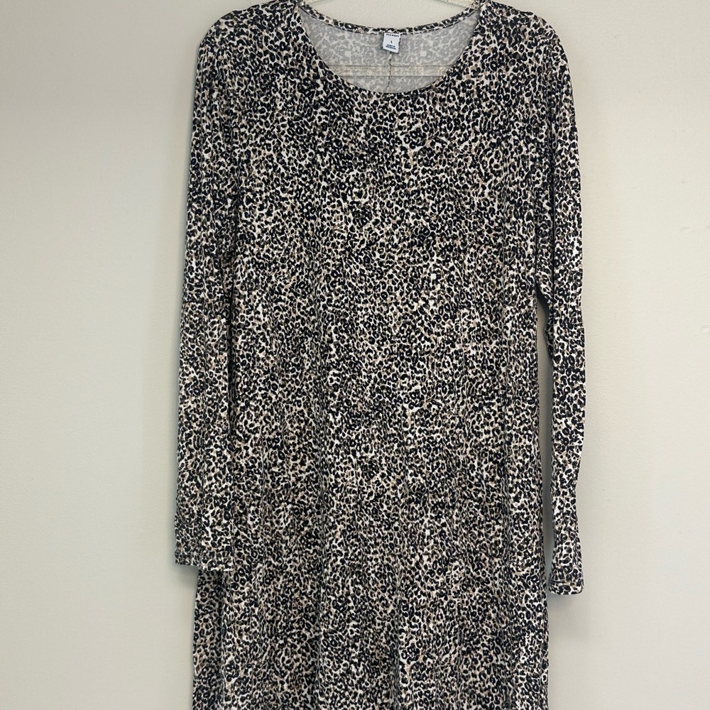 Old Navy Black Brown Cream Animal Print Long Sleeve Dress size large leopard